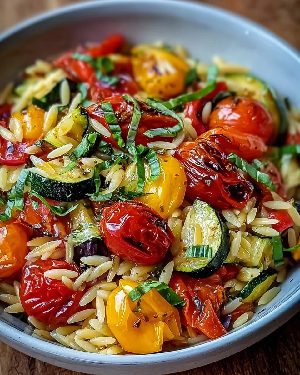 Bowl of roasted vegetable orzo topped with fresh herbs and spices