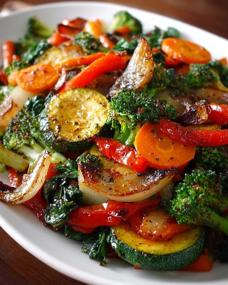 Colorful sautéed vegetables including bell peppers, carrots, and broccoli.