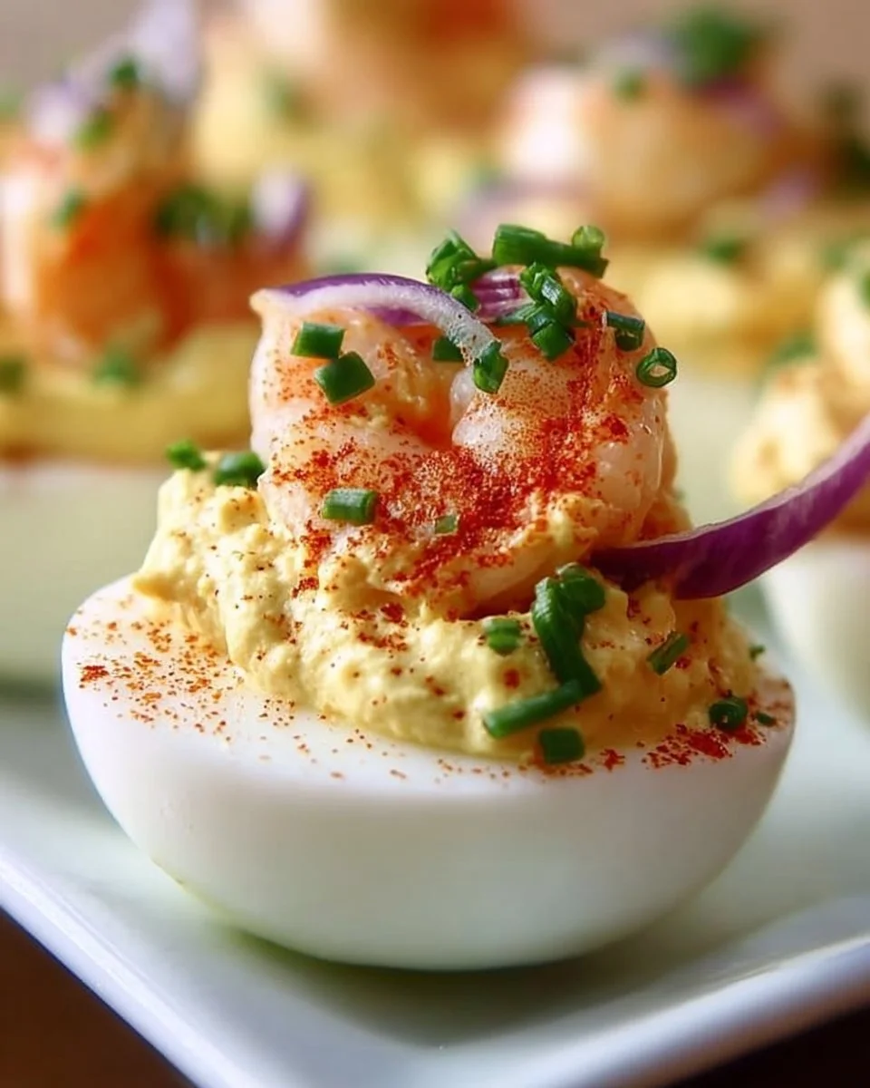 Delicious shrimp deviled eggs garnished with herbs and spices.