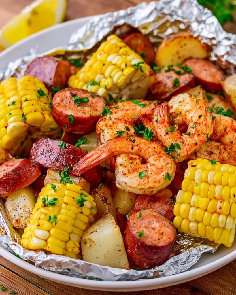 Shrimp foil packets cooked with fresh vegetables and seasonings on a grill