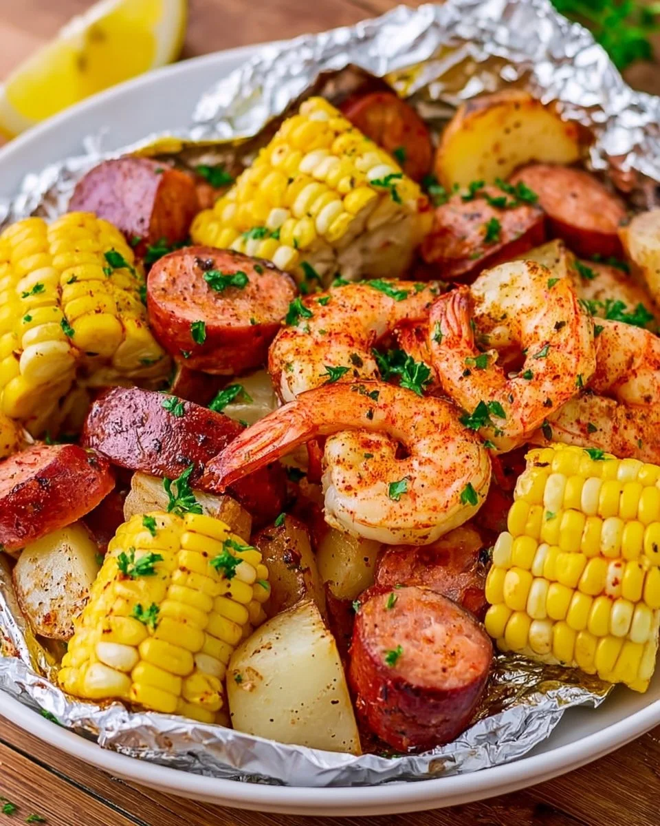 Shrimp foil packets cooked with fresh vegetables and seasonings on a grill