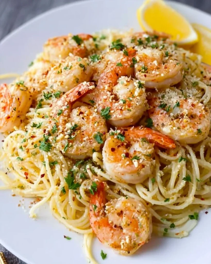 Delicious shrimp scampi served with garlic and herbs on a plate.