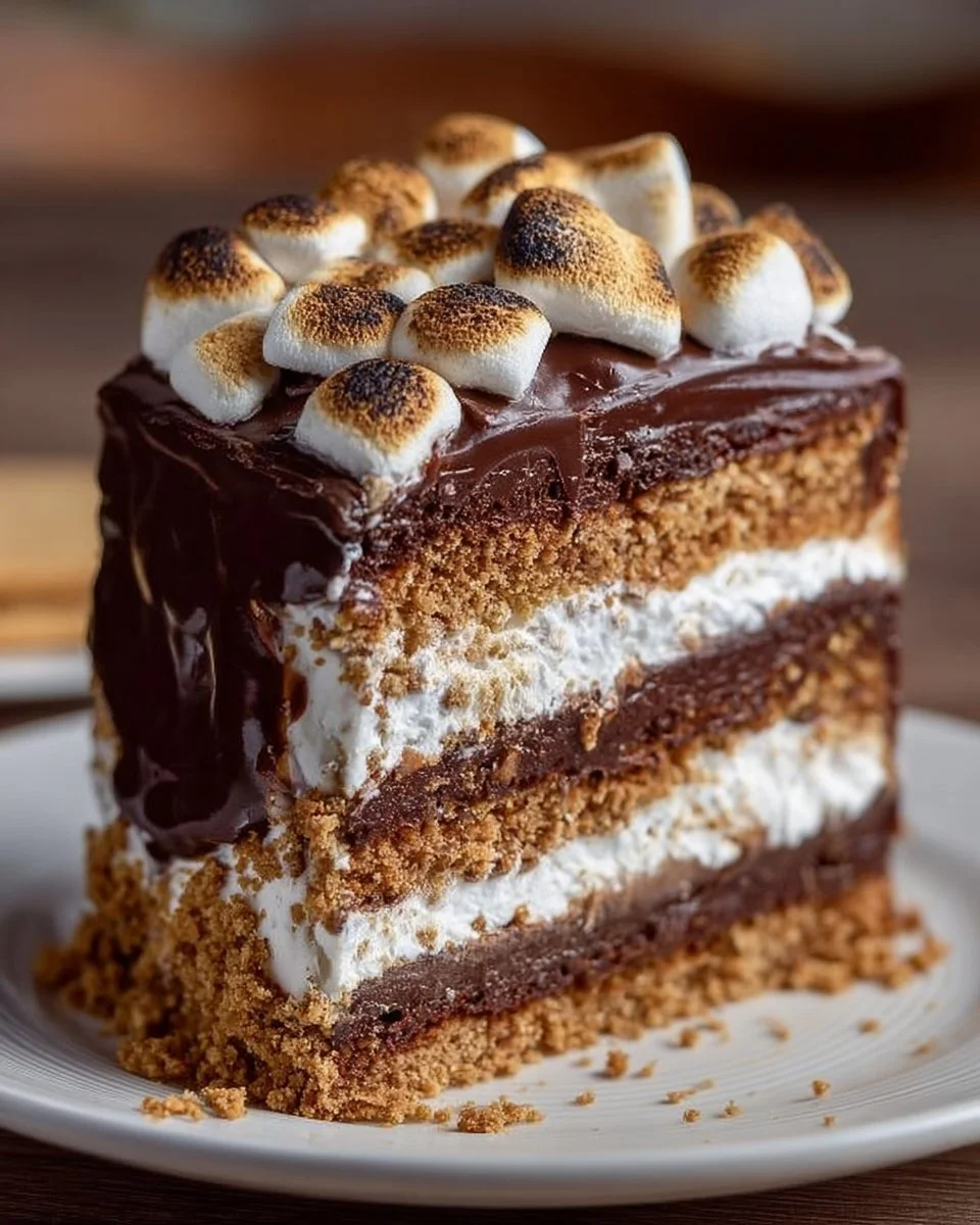 S'mores Chocolate Cake with graham cracker layers and chocolate frosting