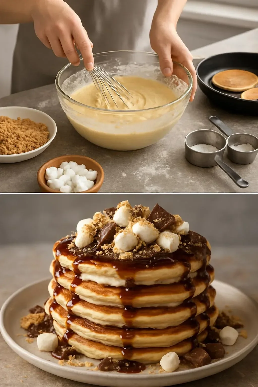 Delicious stack of S'mores Pancakes topped with chocolate and marshmallows