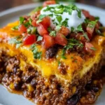 Spicy Cheesy Baked Taco Casserole topped with cheese and fresh ingredients