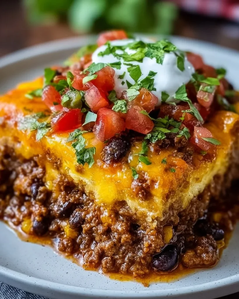 Spicy Cheesy Baked Taco Casserole topped with cheese and fresh ingredients