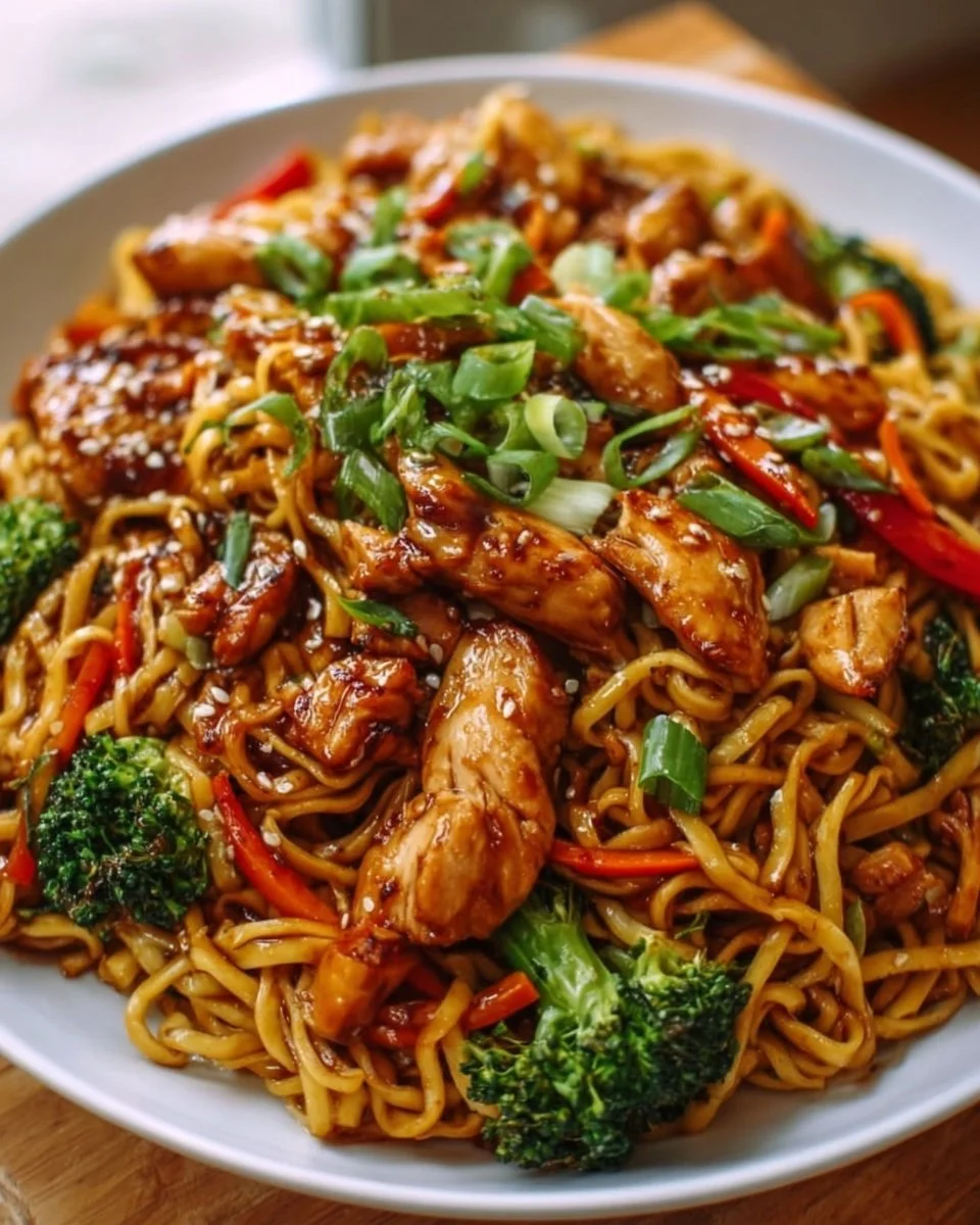 Plate of Sticky Garlic Chicken Noodles garnished with green onions and sesame seeds.