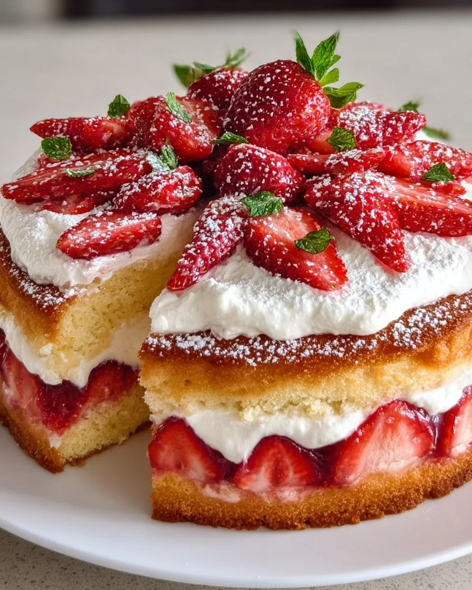 Delicious Strawberry Cream Cake topped with fresh strawberries and cream frosting