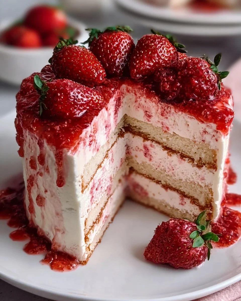 Delicious Strawberry Cream Cheese Cake topped with fresh strawberries