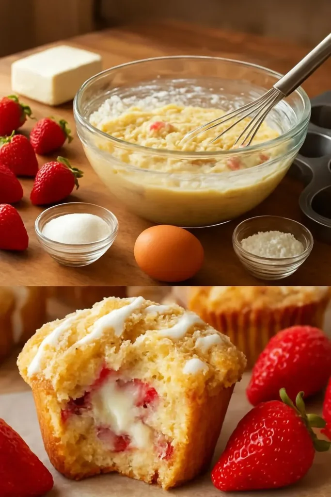 Freshly baked Strawberry Cream Cheese Muffins with strawberries and cream cheese swirl.