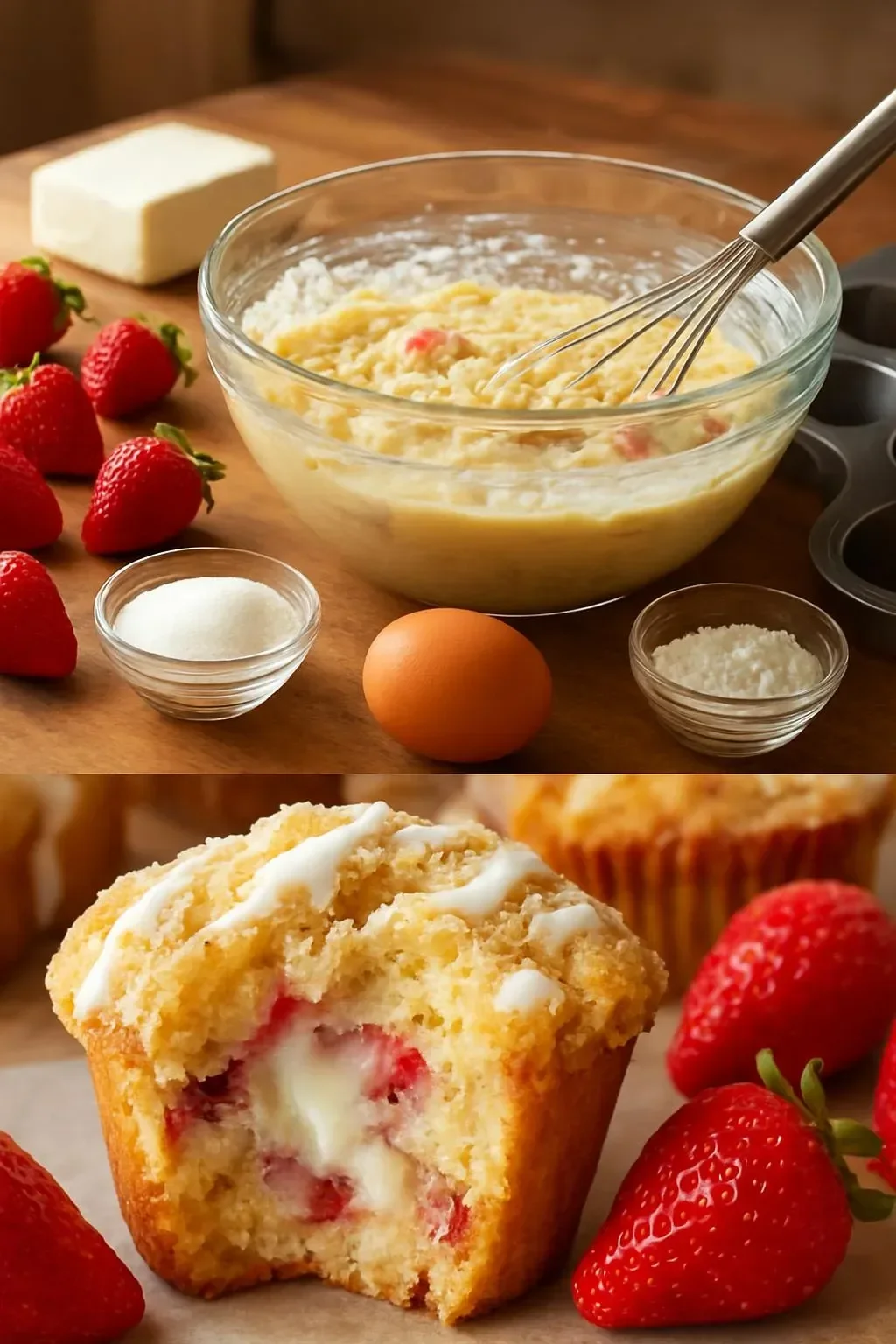 Freshly baked Strawberry Cream Cheese Muffins with strawberries and cream cheese swirl.