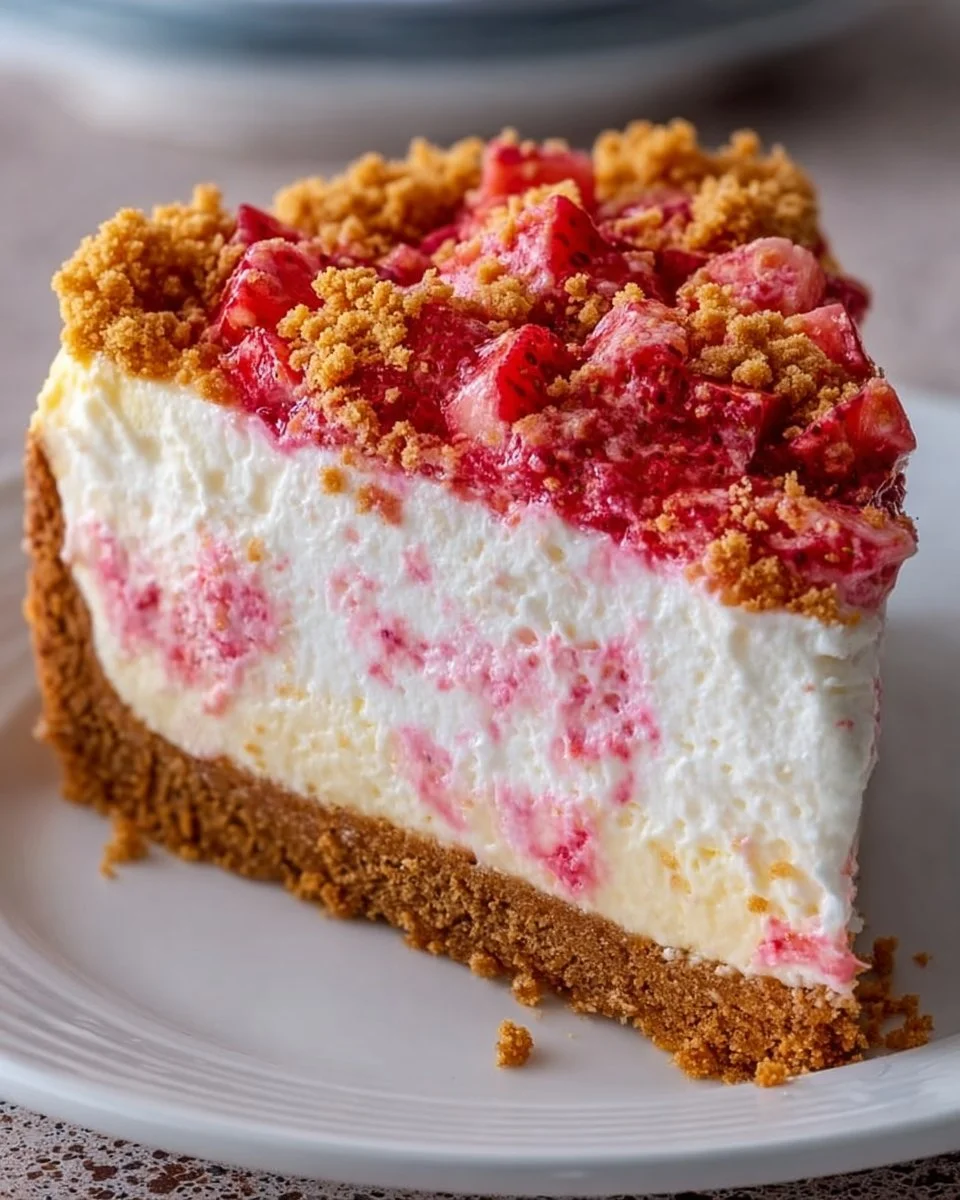 Delicious Strawberry Crunch Cheesecake topped with a crunchy layer.