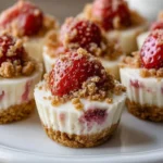 Delicious strawberry crunch cheesecake bites topped with crispy strawberry bits.
