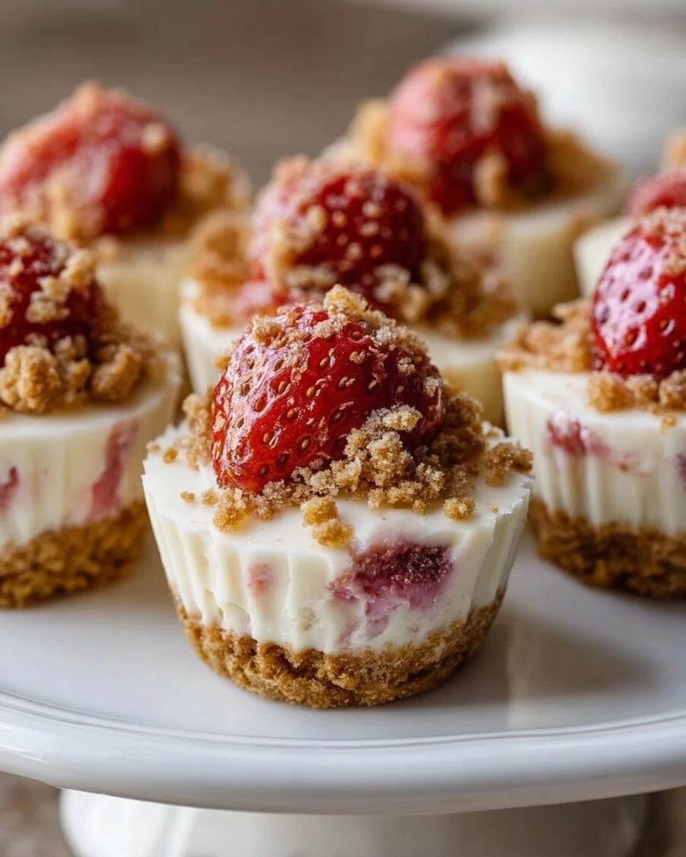 Delicious strawberry crunch cheesecake bites topped with crispy strawberry bits.