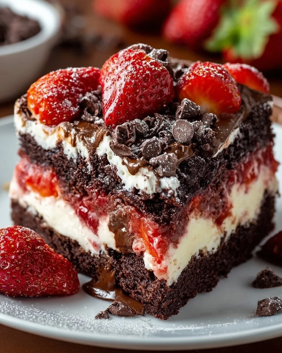 Delicious Strawberry Earthquake Cake with layers of strawberries and cream
