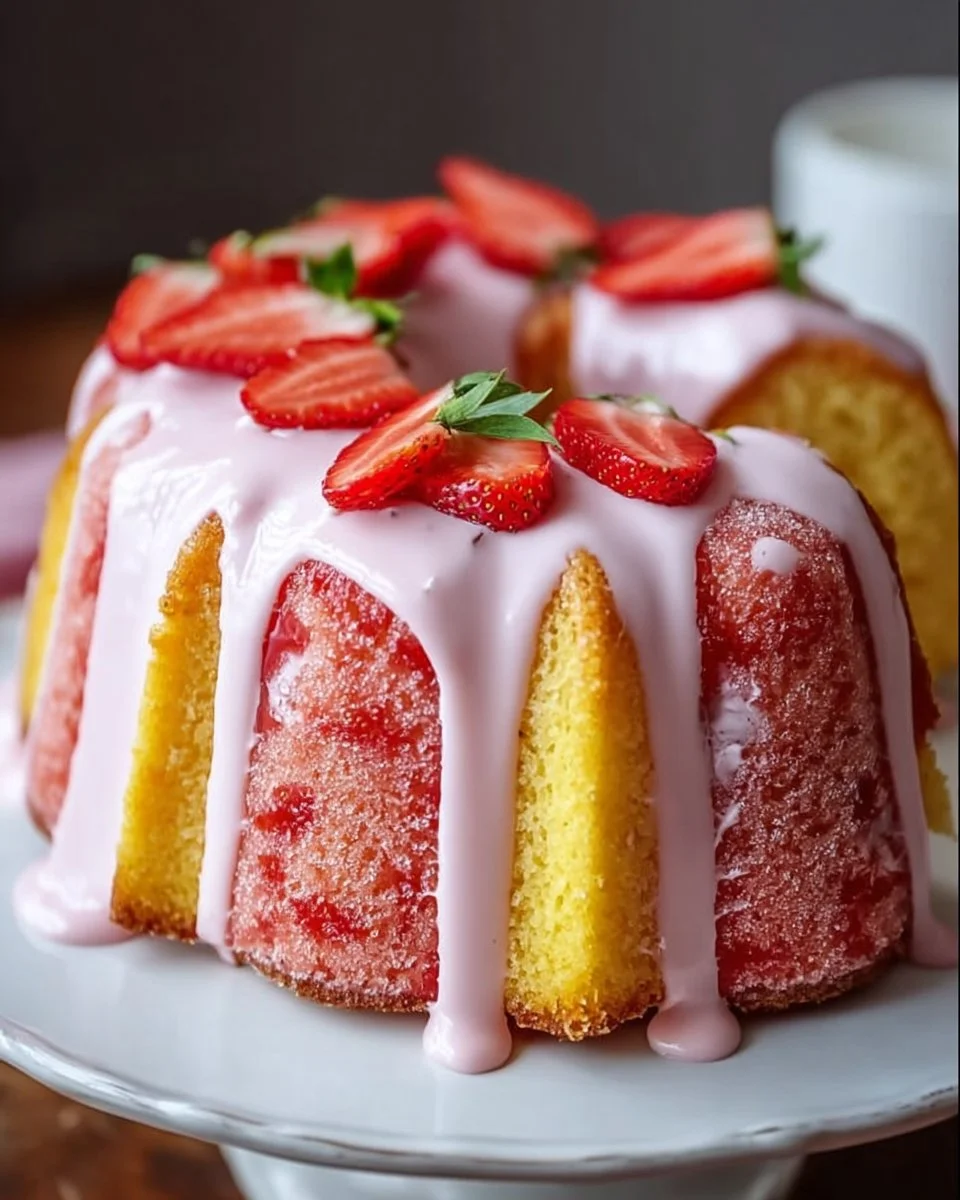 Delicious Strawberry Milkshake Pound Cake topped with fresh strawberries