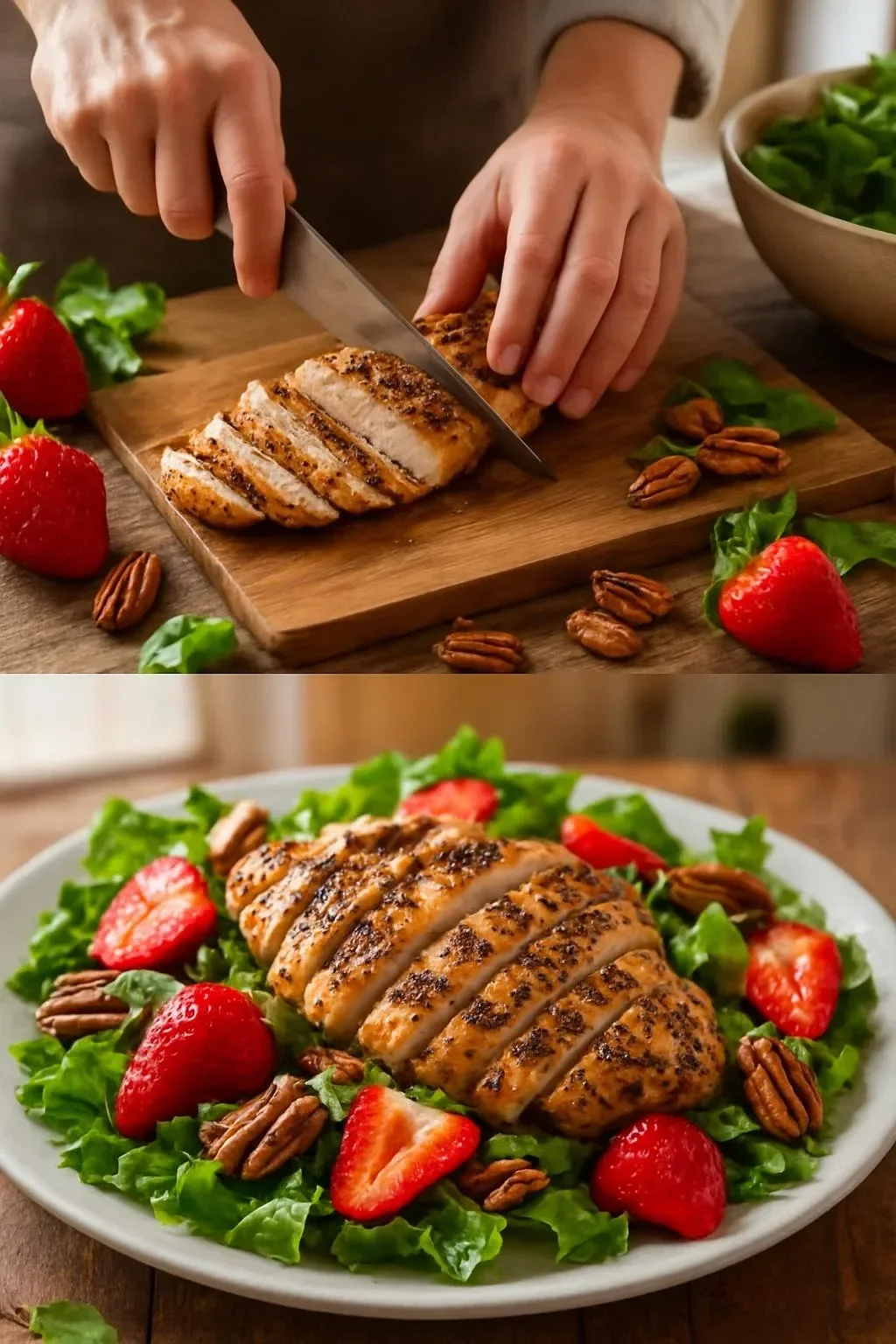 Strawberry Pecan Grilled Chicken Salad with fresh greens and toppings