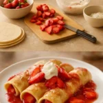 Delicious strawberry pie enchiladas served on a plate with fresh strawberries