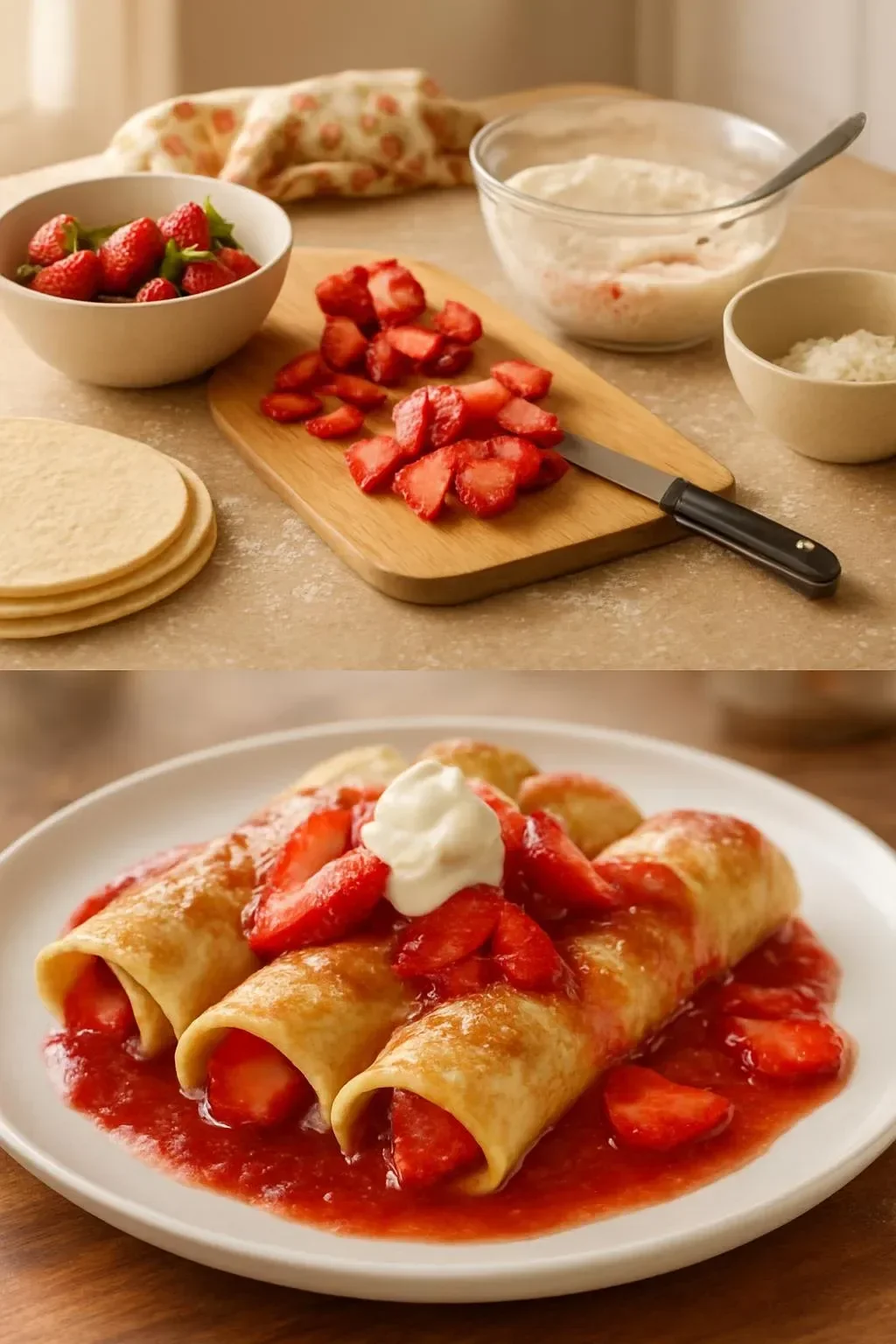 Delicious strawberry pie enchiladas served on a plate with fresh strawberries