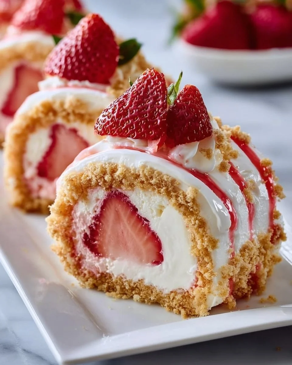 Delicious Strawberry Shortcake Cheesecake Sushi Rolls on a plate