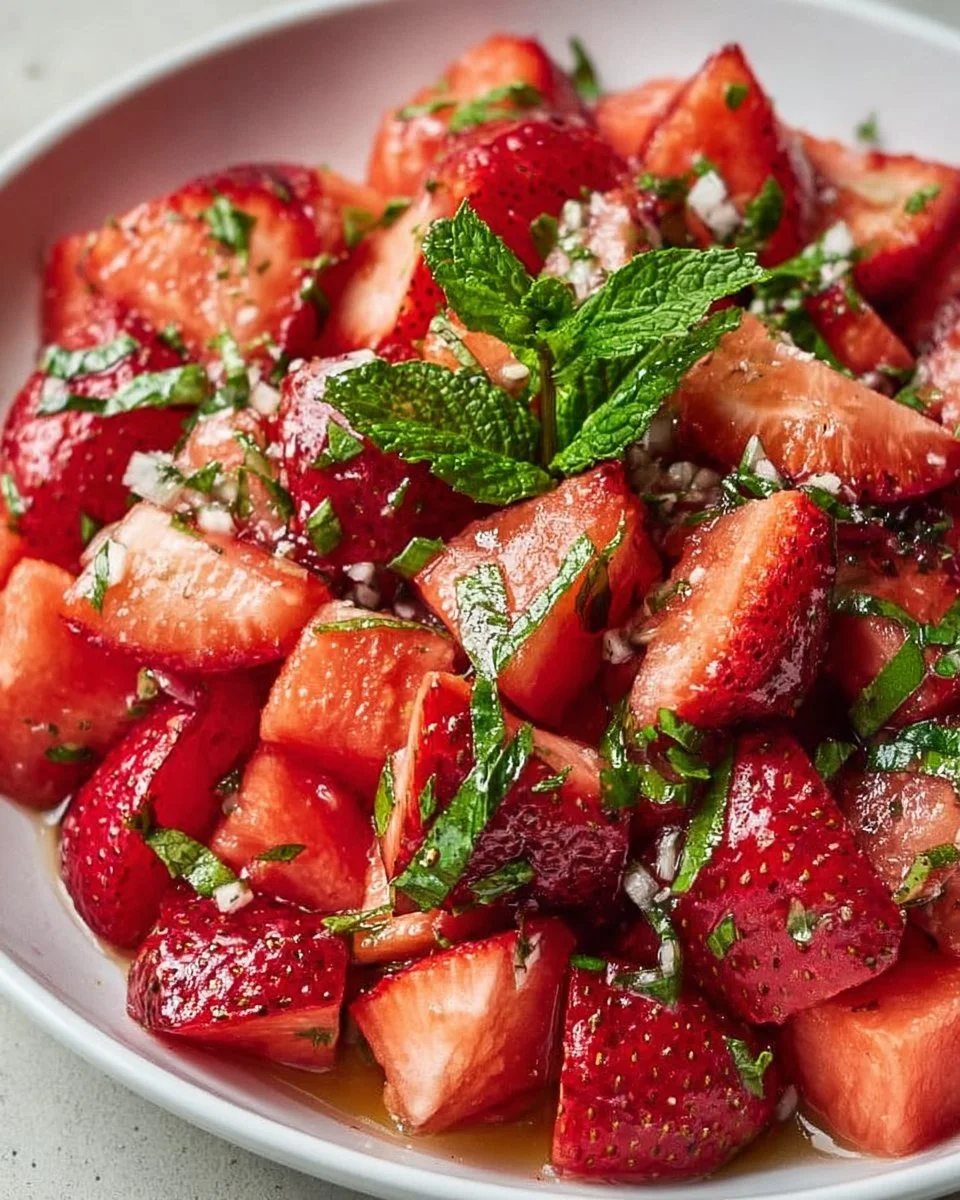Strawberry Watermelon Salad topped with honey lime vinaigrette