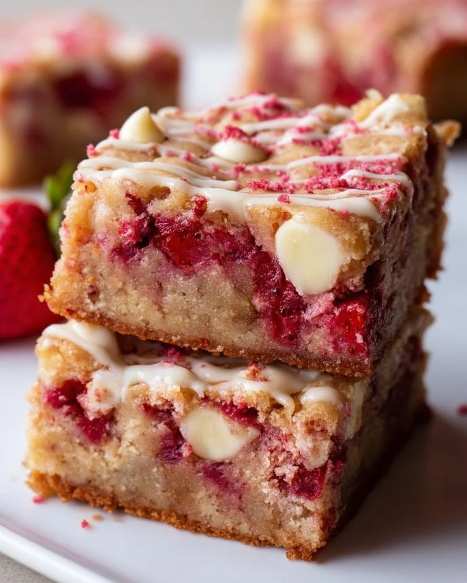 Delicious Strawberry Blondies topped with white chocolate