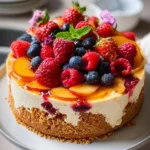 Delicious Berry Peach Cheesecake slice with fresh fruits on top