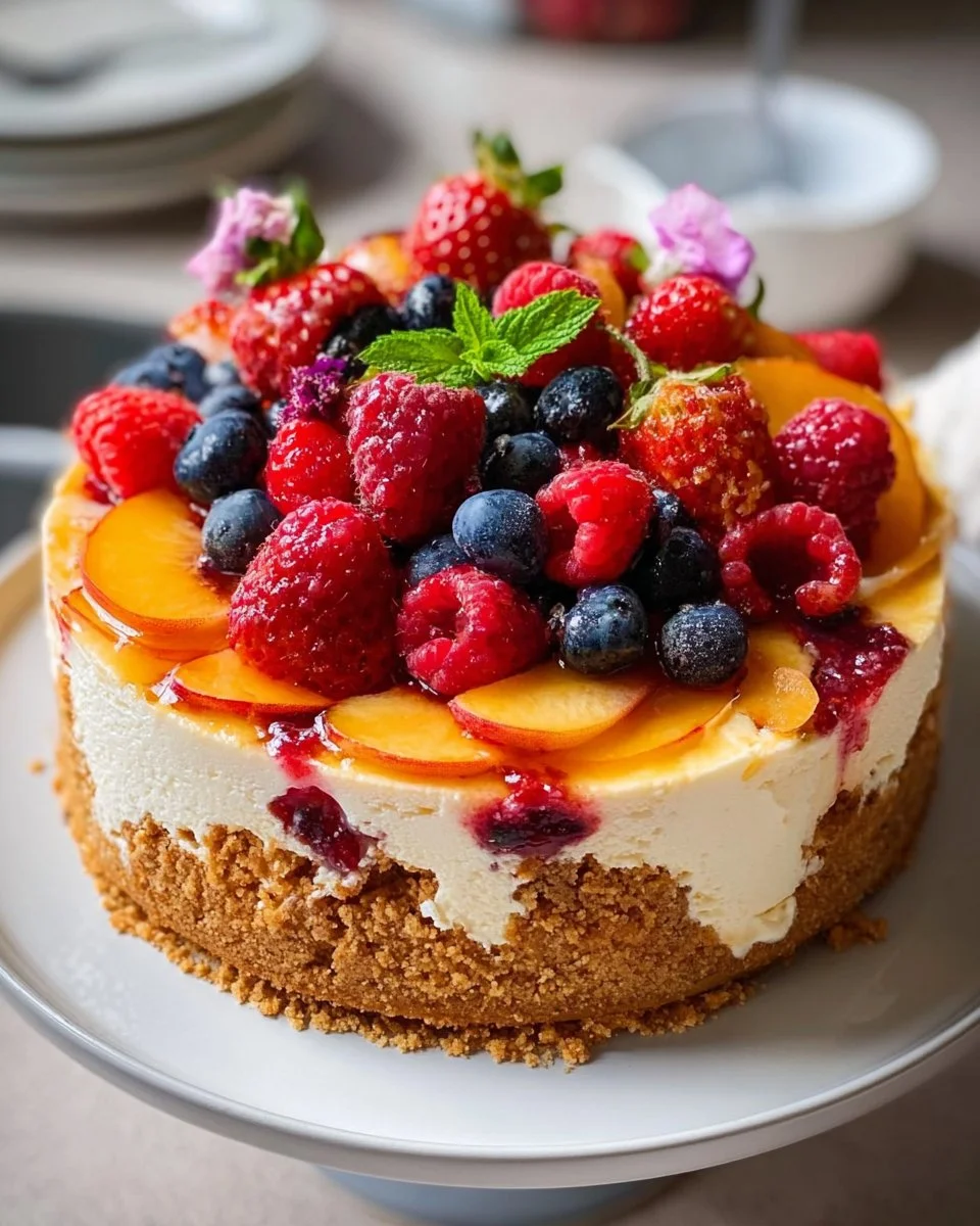 Delicious Berry Peach Cheesecake slice with fresh fruits on top
