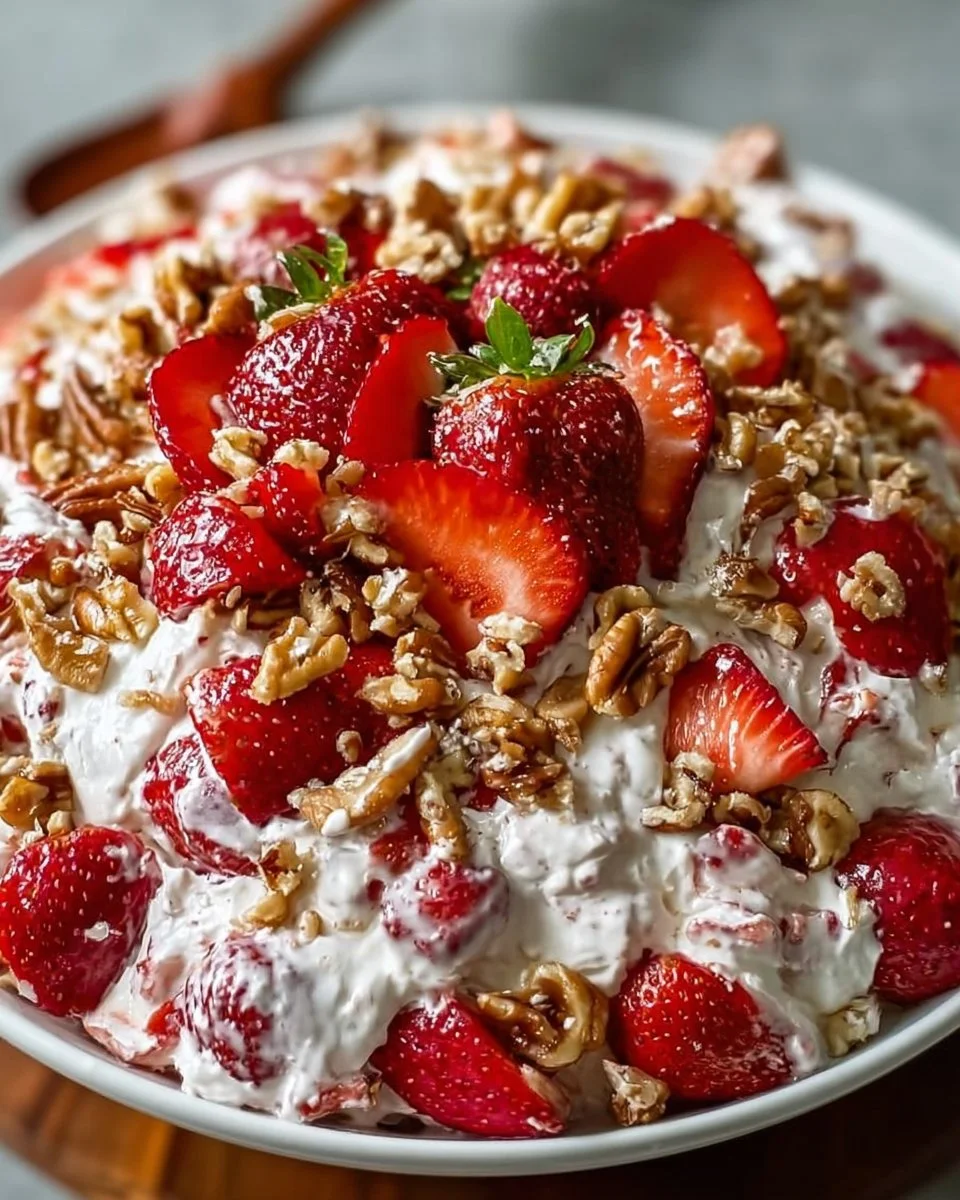 Tangy Strawberry Crackle Salad with fresh strawberries and crispy toppings