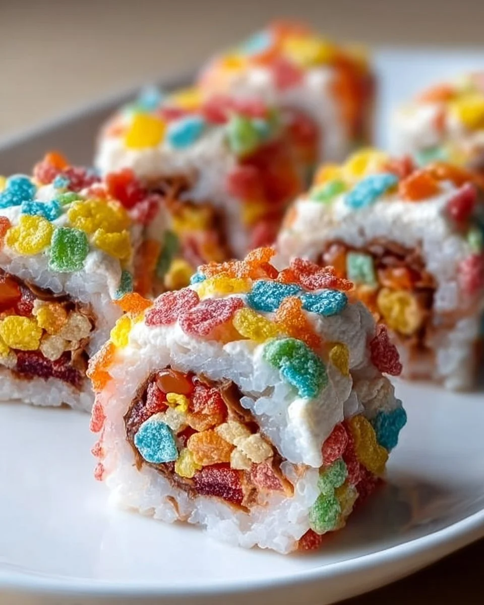 Colorful Fruity Pebbles Sushi rolls served on a plate, a fun no-bake dessert.