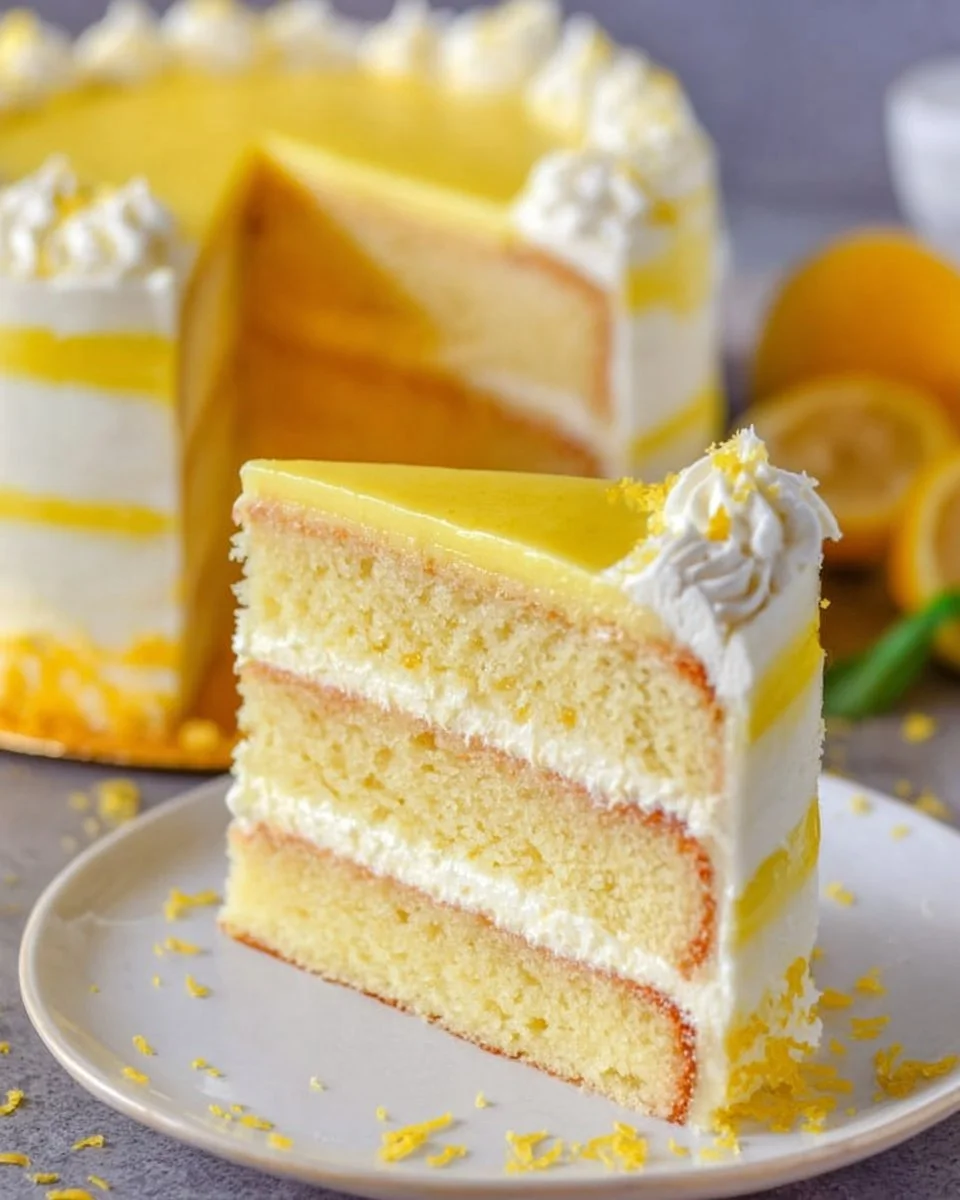 Sliced ultimate lemon layer cake on a plate with lemon slices and frosting