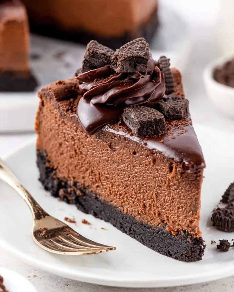 Triple Dark Chocolate Cheesecake topped with dark chocolate shavings