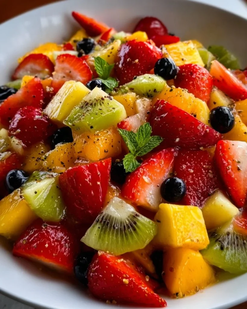 Colorful tropical fruit salad with pineapple, mango, and kiwi.