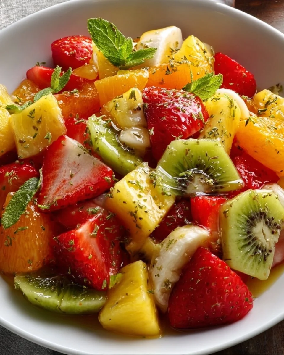 Vibrant tropical fruit salad with pineapple, mango, and kiwi in a bowl