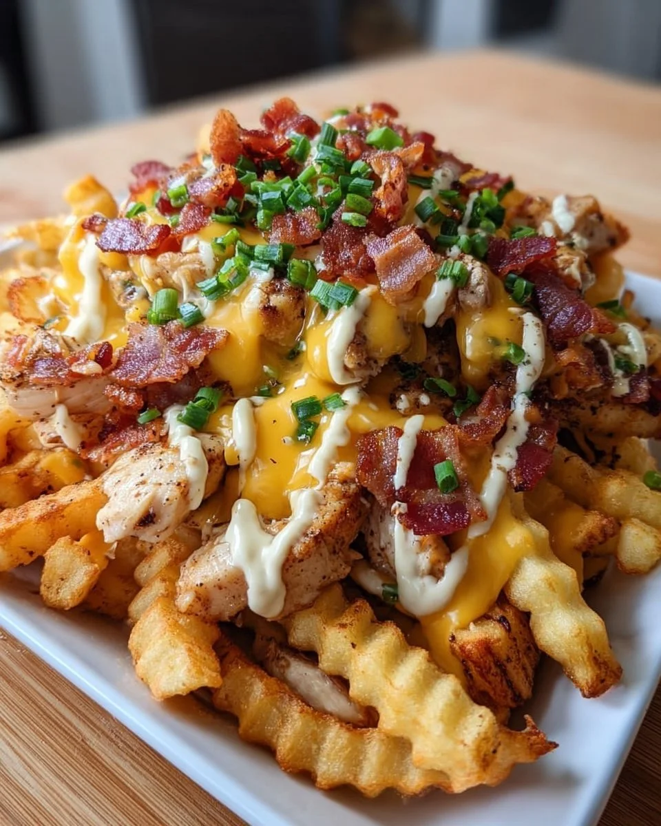 Ultimate Cheesy Chicken Bacon Fries topped with chicken, bacon, and melted cheese