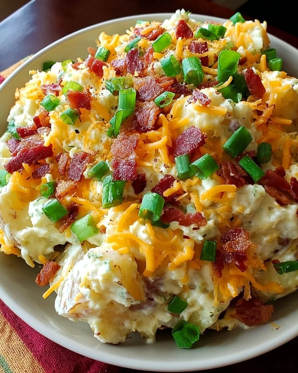 A delicious bowl of ultimate loaded baked potato salad with toppings.