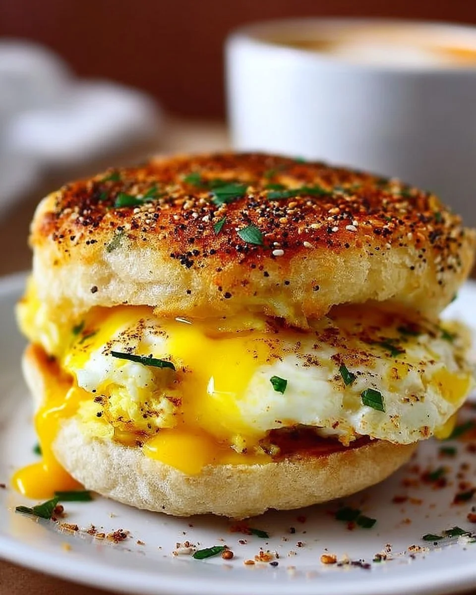 Viral egg sandwich muffin with cheese and herbs on a plate