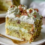 Delicious Watergate Cake topped with whipped cream and nuts.