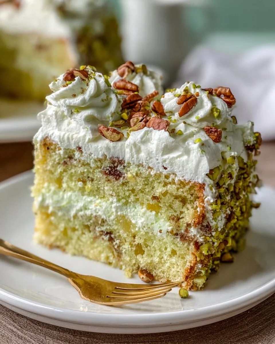 Delicious Watergate Cake topped with whipped cream and nuts.