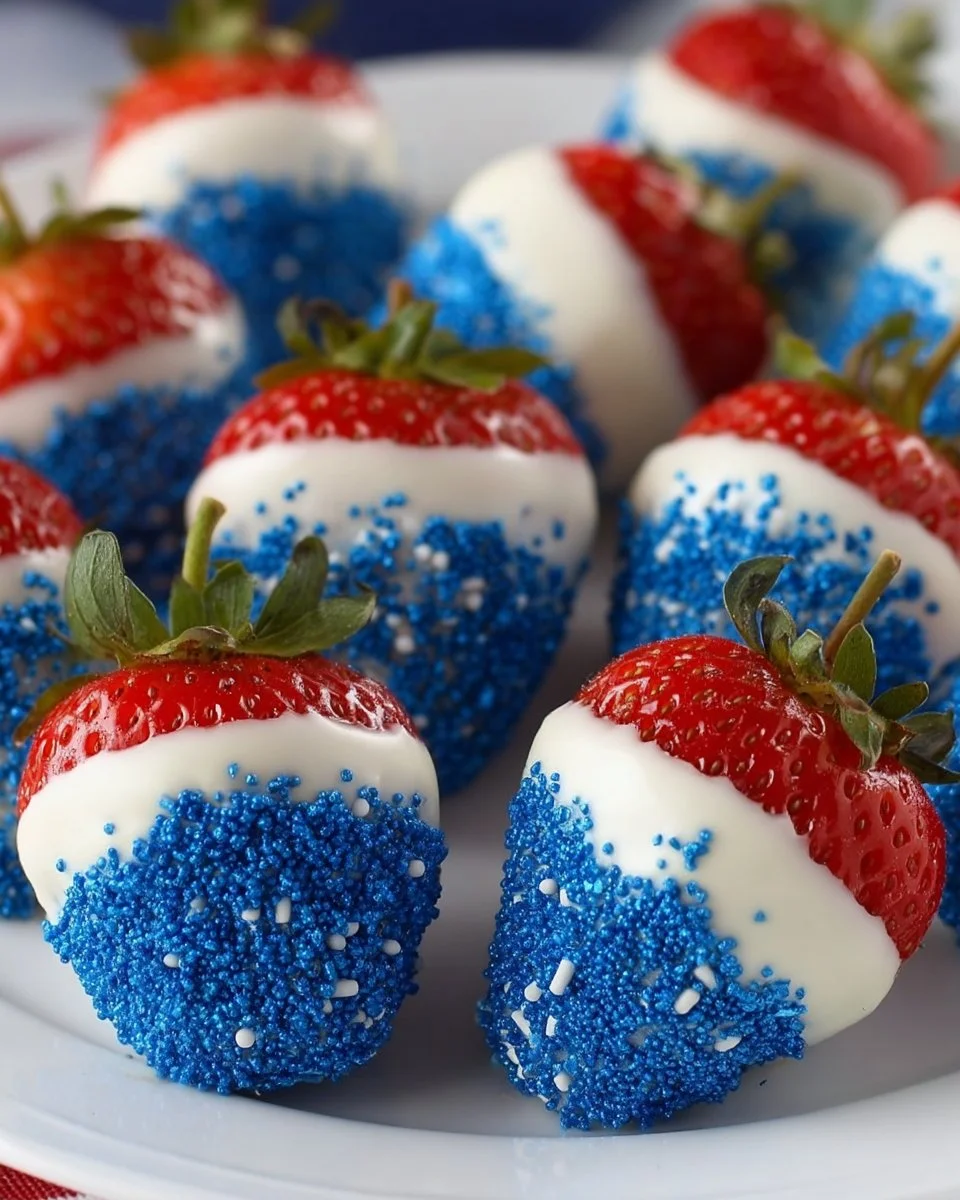 4th of July white chocolate dipped strawberries on a festive platter