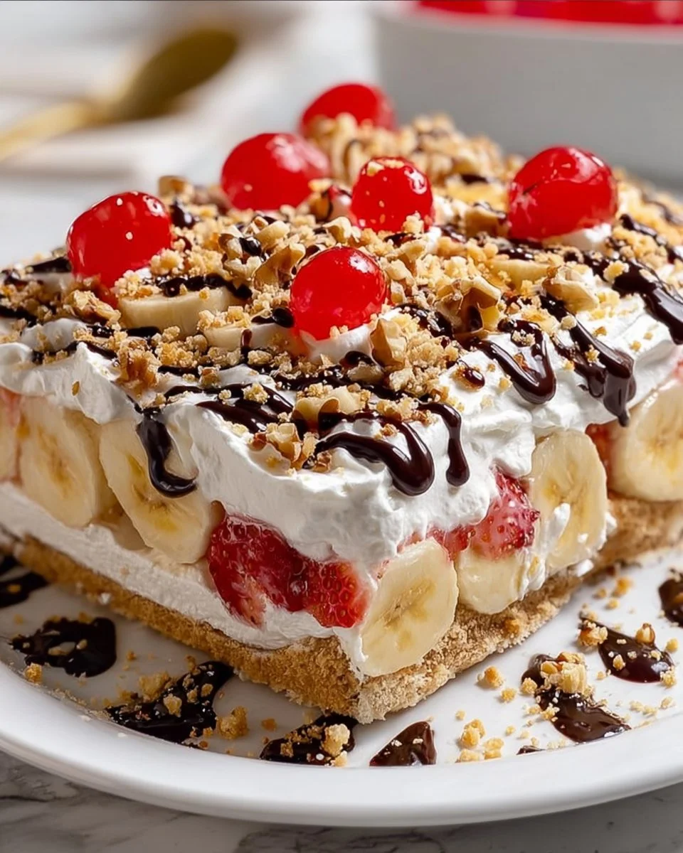 Delicious no-bake banana split dessert served in a bowl with toppings