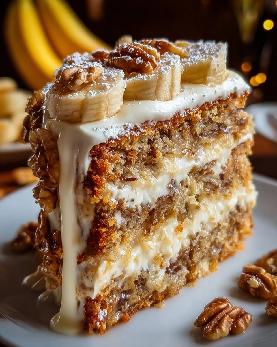 Delicious Banana Walnut Cream Cake with creamy frosting and walnuts on top