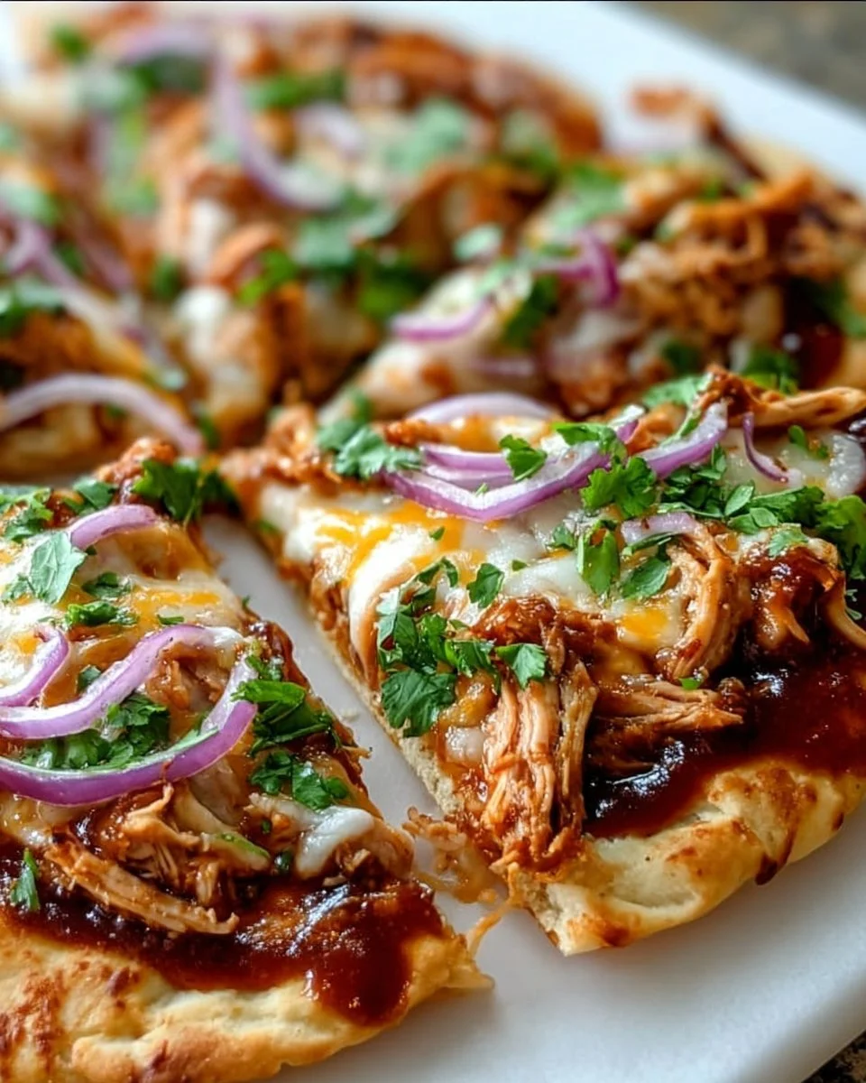 BBQ chicken flatbread topped with sauce, vegetables, and cheese on a wooden table.