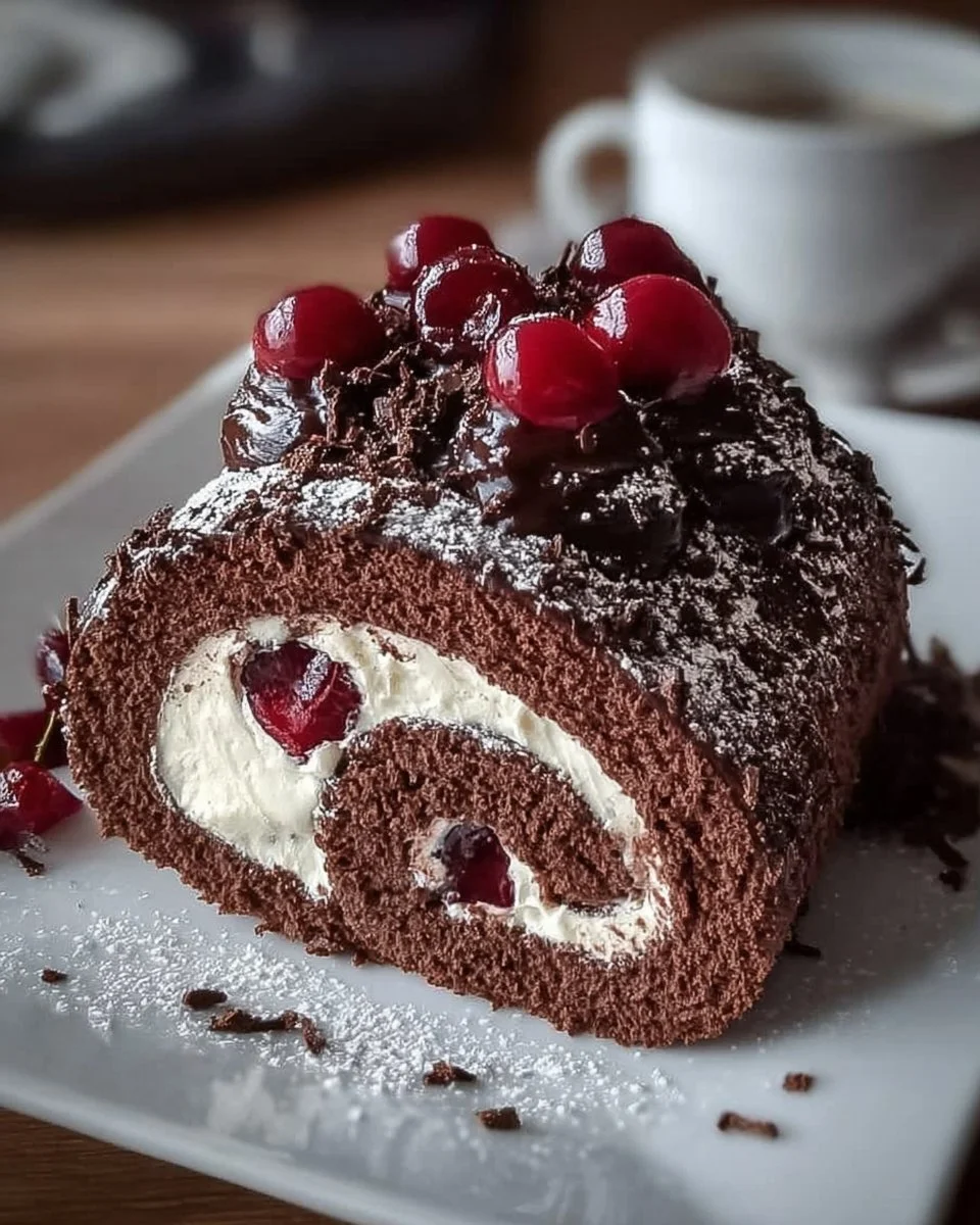 Delicious Black Forest Swiss Roll with chocolate and cherries