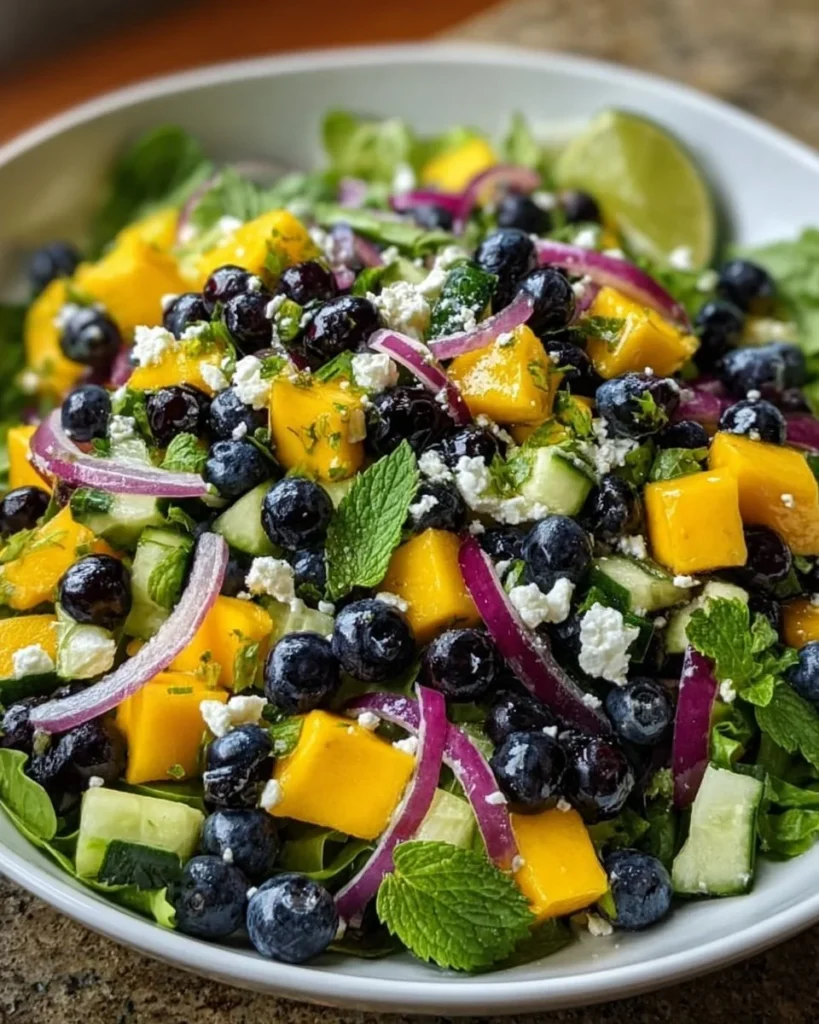 Delicious blueberry mango salad twist with fresh fruits and greens