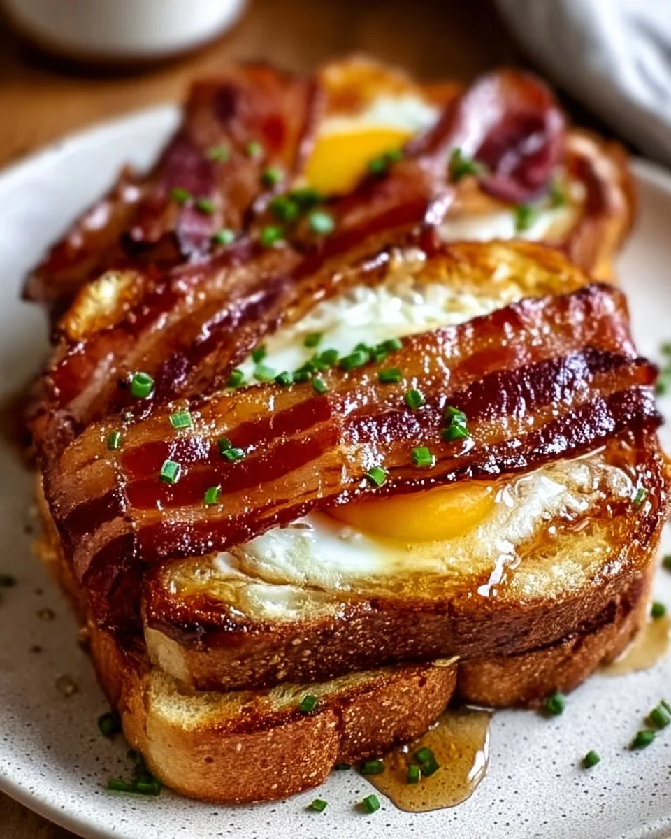 Bourbon Maple Bacon Breakfast Toast topped with crispy bacon and maple syrup