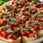 Delicious Bruschetta Dip served with crispy bread and fresh ingredients.