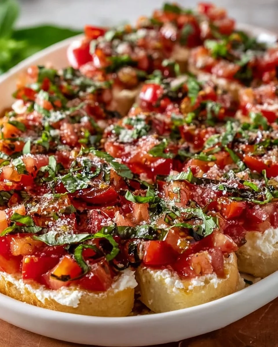 Delicious Bruschetta Dip served with crispy bread and fresh ingredients.