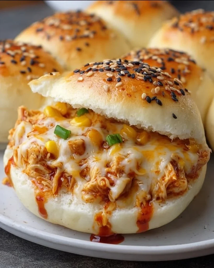 Cheesy dynamite chicken buns served on a plate, garnished with fresh herbs.