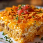 Cheesy Hashbrown Dorito Casserole topped with Doritos and melted cheese
